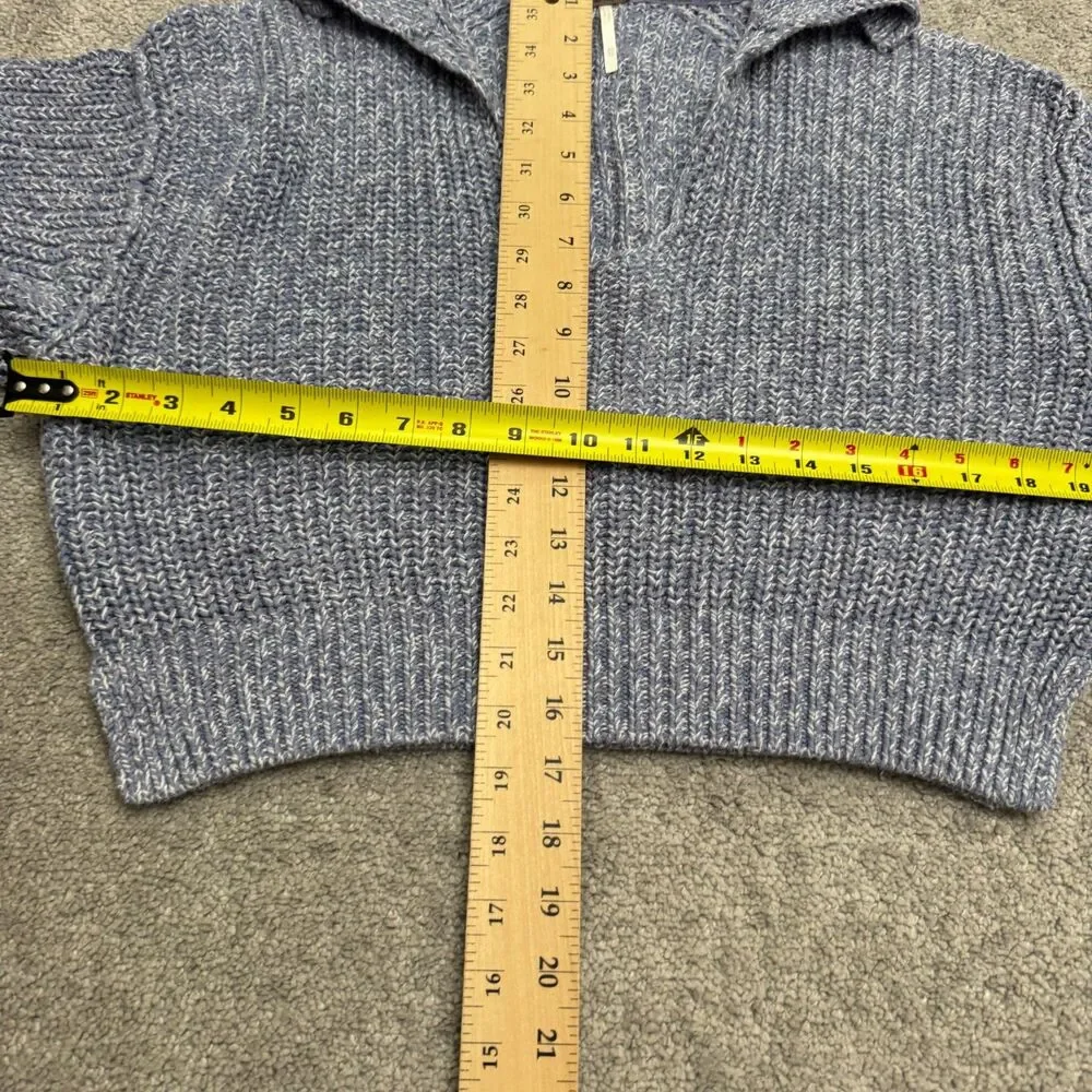 Free People Chunky Cotton Blend Collared V-Neck Sweater Women XS Blue LongSleeve